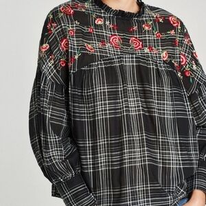 Zara Black Checkered Cotton Top with Red and Yellow Embroidery